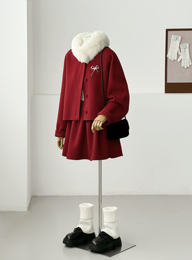 红色无领套装半裙毛呢大衣女温柔风圣诞节本命年高级感外套HL158