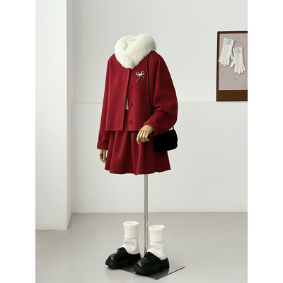 红色无领套装半裙毛呢大衣女温柔风圣诞节本命年高级感外套HL158