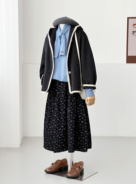 学院风连帽毛呢外套女中长款黑色高级感大衣冬季外套FS15