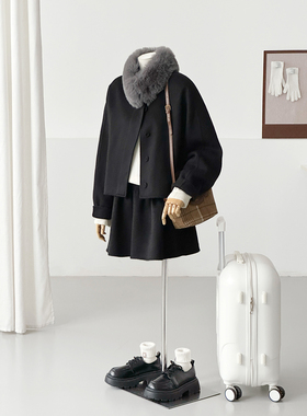 满减极简风黑色毛领短款毛呢外套女小个子时尚羊毛大衣HL158