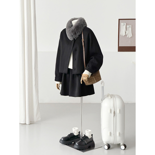 满减极简风黑色毛领短款毛呢外套女小个子时尚羊毛大衣HL158