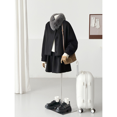 满减极简风黑色毛领短款毛呢外套女小个子时尚羊毛大衣HL158