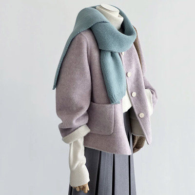 毛呢外套2024秋冬新款紫色