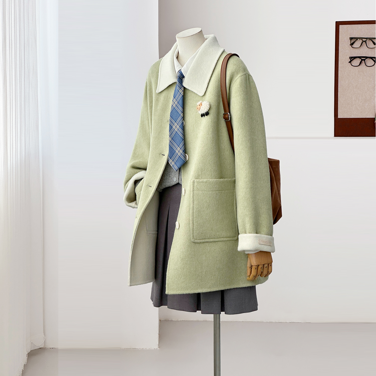 秋冬新显瘦小个子休闲减龄少女绿清新森系羊毛毛呢大衣外套HL122