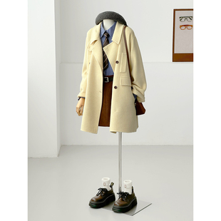 满减冬韩系学院毛呢大衣女中长款奶黄翻领双排扣百搭外套HL108-1