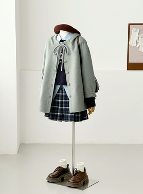 韩式学院风蝴蝶结系带毛呢外套女中长款杂花绿减龄百搭大衣FS05