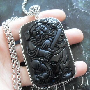 泰银 925纯银 曼谷银 手工 正品 黑曜石钟馗吊坠7.5cm