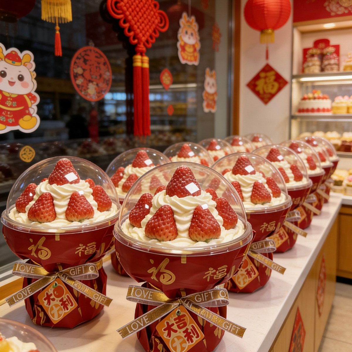 2026新春草莓花束蛋糕包装380mL慕斯球新年包装福气多多春节成品,节庆用品/礼品,节日装扮用品,淘宝优惠券,粉丝福利购,淘宝优惠卷