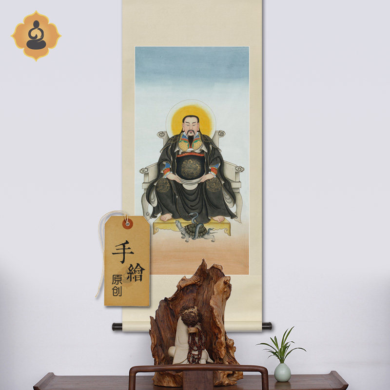 手绘真迹工笔人物国画玄武真武大帝画像水陆画新中式卷轴画框挂画
