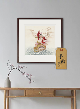 手绘工笔人物画刘海戏金蟾和合画像婚庆装饰书房玄关中式画框挂画