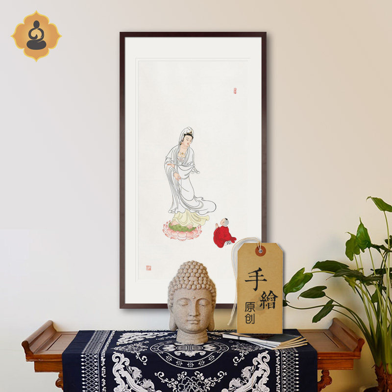 手绘真迹工笔人物国画童子观音菩萨画像玄关房新中式装饰画框挂画