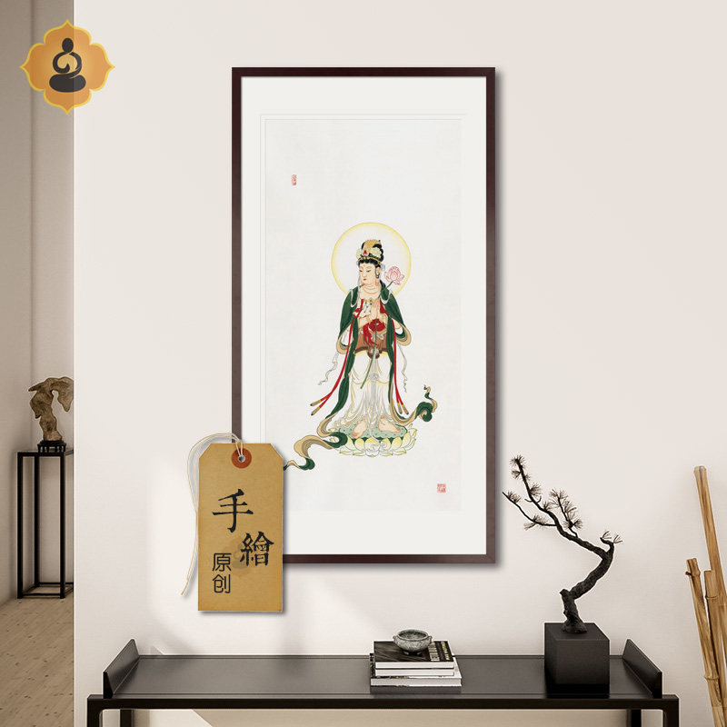 手绘真迹工笔人物国画持莲观音菩萨画像玄关书房中式画轴卷轴画框