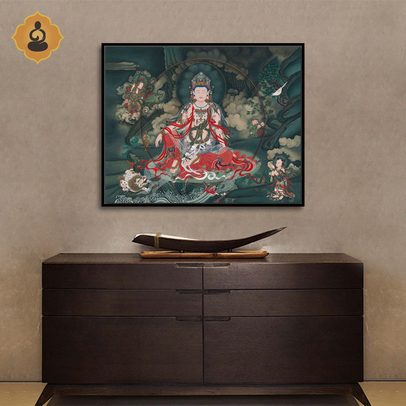 工笔人物佛像国画水月观音菩萨画像书房佛堂供奉装饰挂画布艺画框