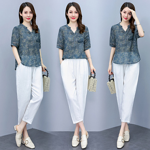 现货2025年夏季新款时尚气质优雅宽松减龄苎麻棉套装两件套