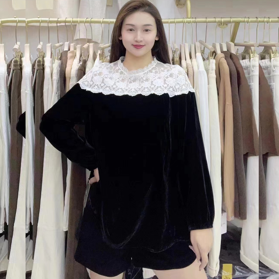 宜语析31055冬加大码卫衣女 200斤胖妹mm蕾丝拼接丝绒长袖打底衫