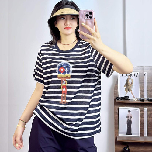 米莱奇6688夏条纹大码短袖T恤女
