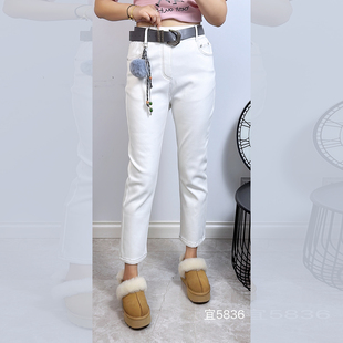 宜语析5836冬大码加绒烟管裤女 190斤胖妹mm松紧腰显瘦九分牛仔裤