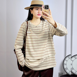 打底衫 190斤胖妹mm条纹长袖 假两件套 卫衣女 宜语析5727秋冬加大码