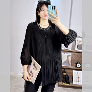 210斤胖妹m藏肉百褶压皱中长上衣 女 香港芸卉25329春加大码 雪纺衫