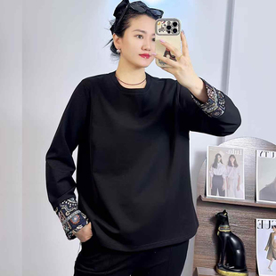 米莱奇6116春加大码国风打底衫女 200斤胖mm空气棉新中式长袖卫衣