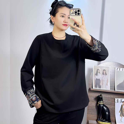 米莱奇6116春加大码国风打底衫女 200斤胖mm空气棉新中式长袖卫衣