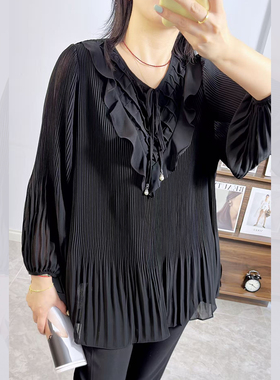 香港芸卉25328春大码雪纺衫女 210斤胖妹mm显瘦V领百褶压皱九分袖