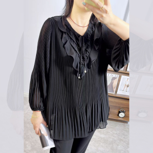 210斤胖妹mm显瘦V领百褶压皱九分袖 女 雪纺衫 香港芸卉25328春大码