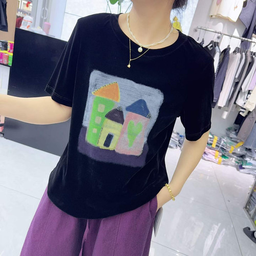 宜语析6592秋大码短袖丝绒卫衣女
