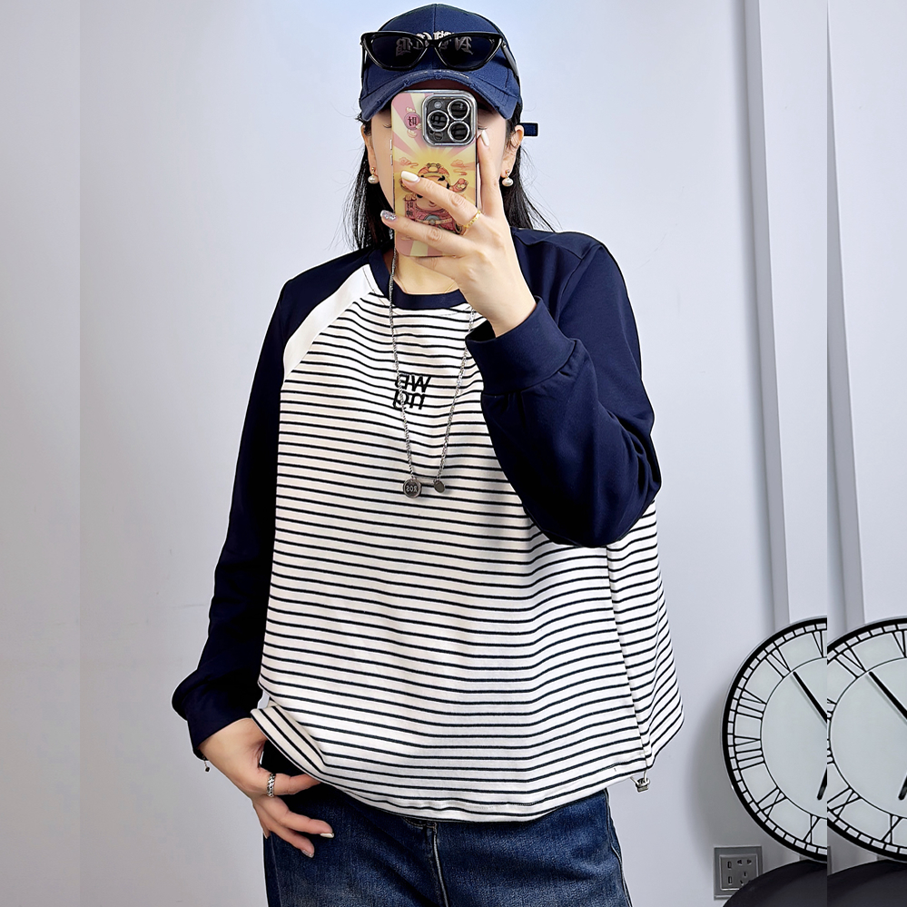 UP3189秋冬加大码卫衣女 200斤胖妹mm纯棉撞色减龄条纹长袖打底衫