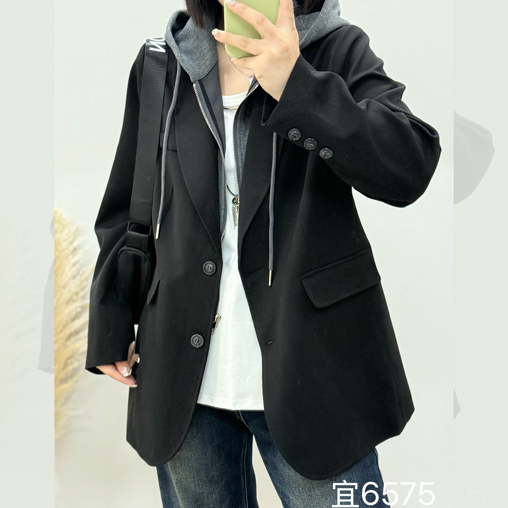 宜语析6575秋加大码外套女 200斤胖妹mm连帽长袖休闲假两件套西服