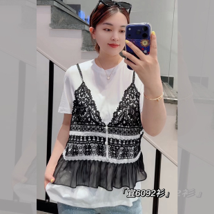 T恤 210斤胖妹mm纯棉短袖 镂空吊带 两件套女 宜语析6092春夏加大码
