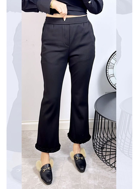 特！珂颖2107冬大码加绒微喇裤女 210斤胖妹mm松紧中腰九分喇叭裤