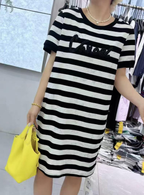 宜语析6115夏加大码短袖连衣裙 200斤胖妹mm洋气条纹美背T恤中裙