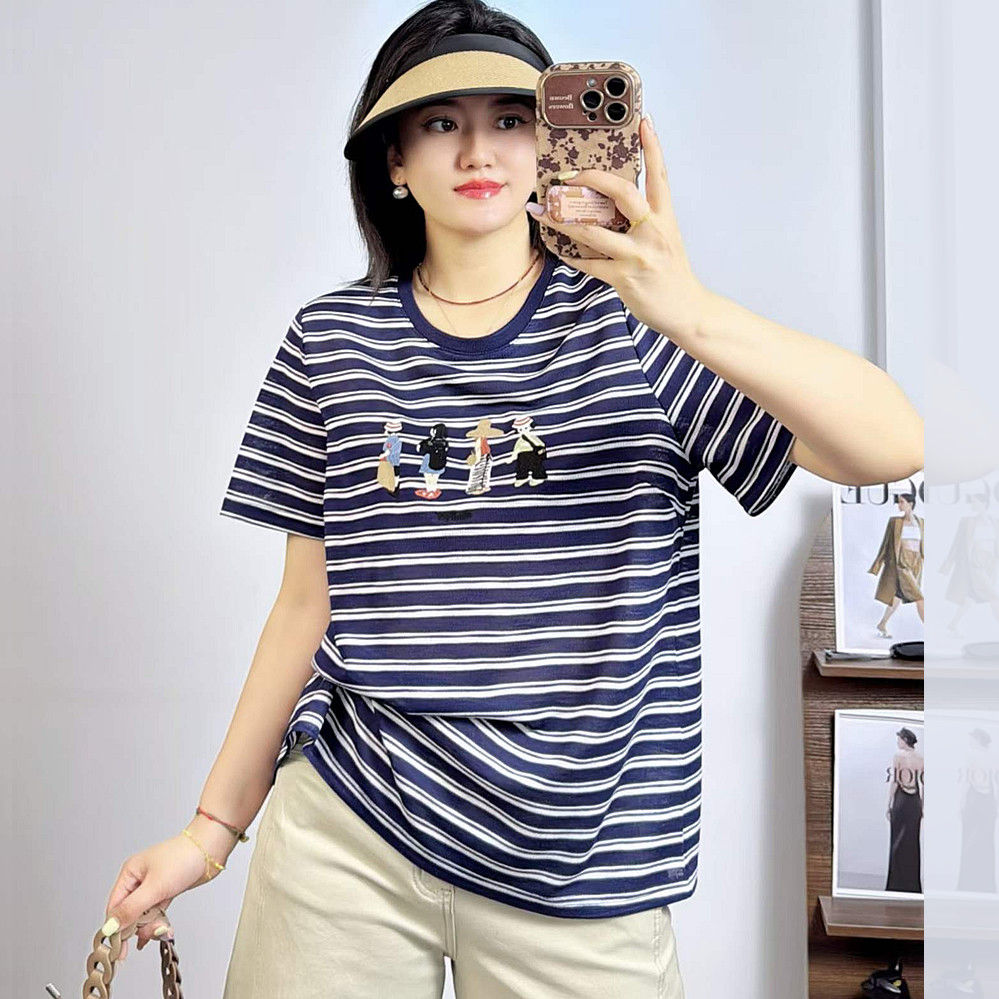 米莱奇66102夏季加大码短袖T恤女 200斤胖妹mm超薄刺绣条纹空调衫