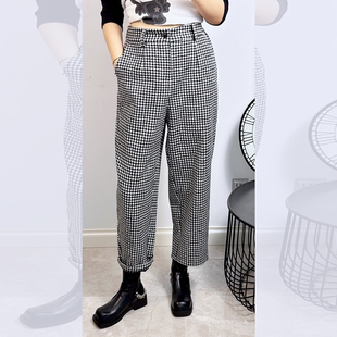 200斤胖妹mm羊绒格子八九分老爹靴裤 女 厚 加绒休闲裤 UP3203冬大码