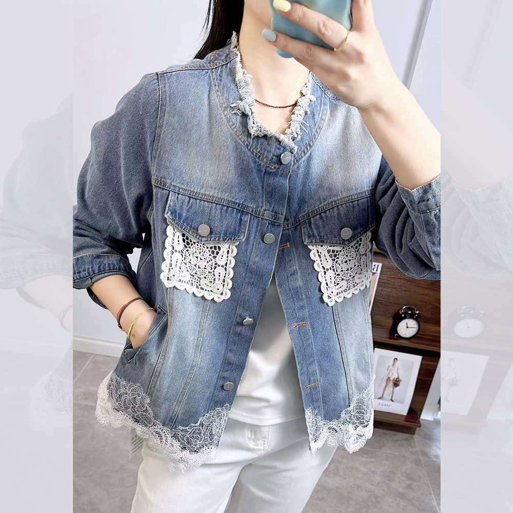 香港芸卉25736春加大码外套女 210斤胖妹mm休闲毛边蕾丝牛仔夹克