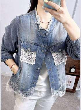 香港芸卉25736春加大码外套女 210斤胖妹mm休闲毛边蕾丝牛仔夹克