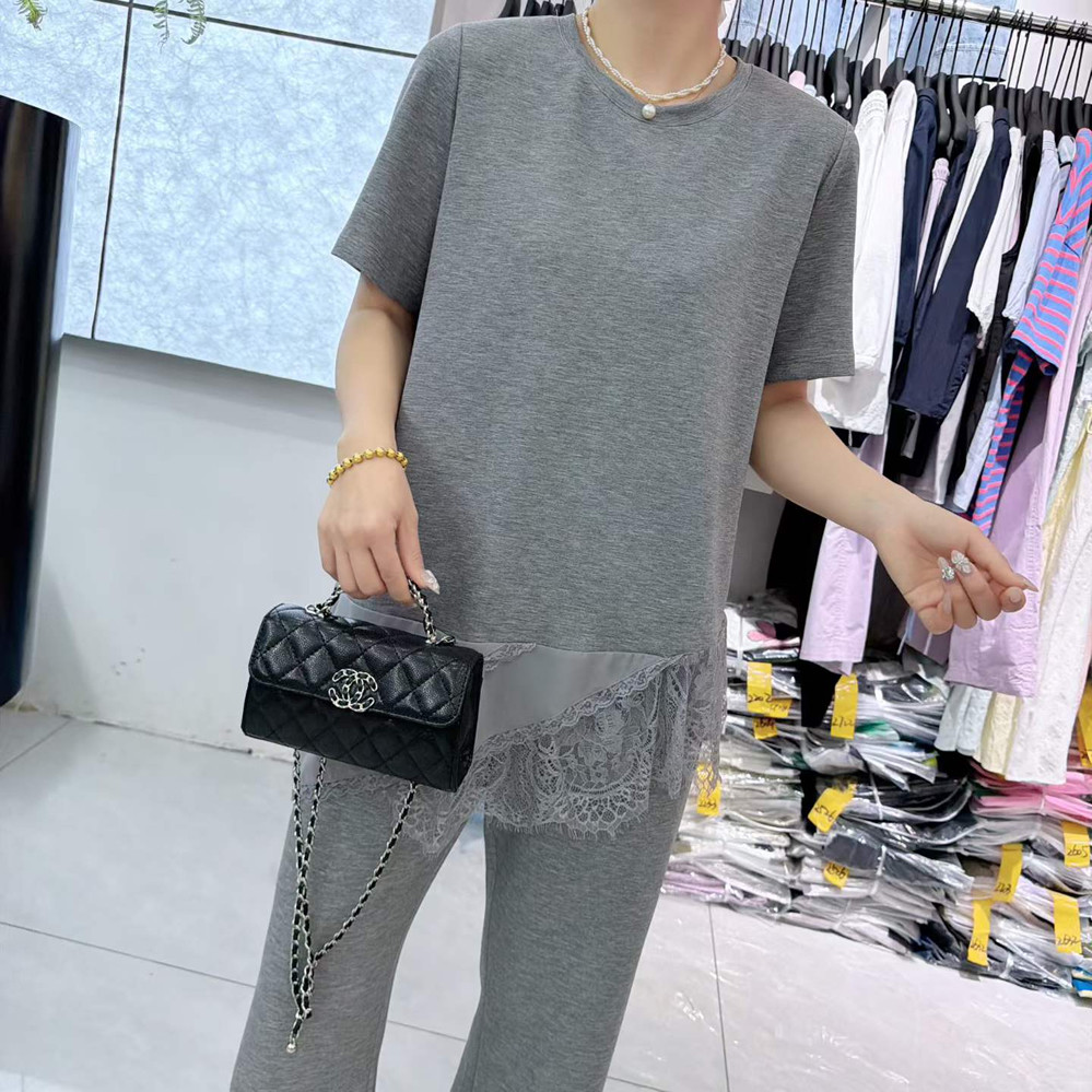 宜语析6117夏加大码休闲套装女 200斤胖妹mm短袖T恤+窄版拖地长裤