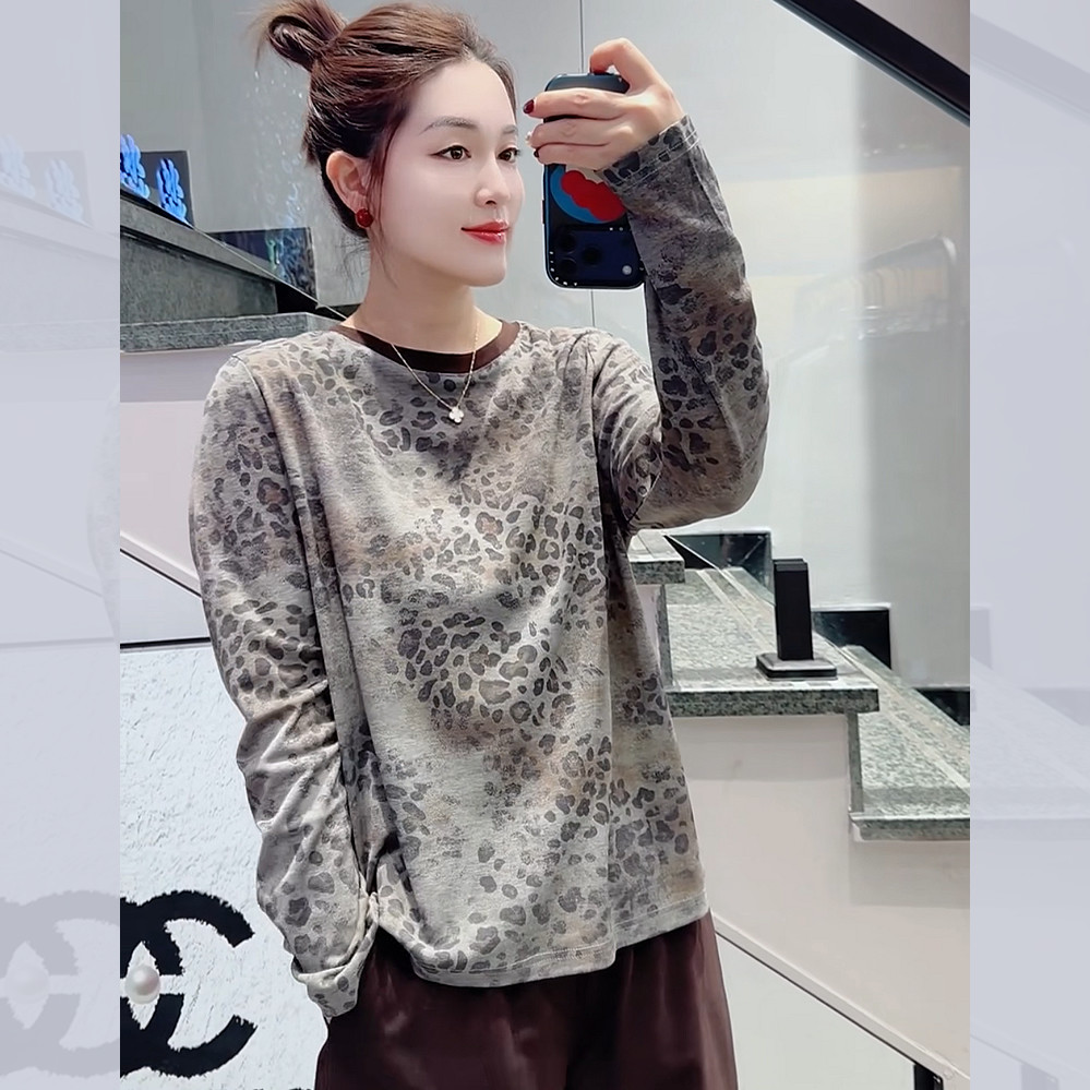 UP6256秋加大码长袖卫衣女 200斤胖妹mm修身显瘦豹纹洋气T打底衫