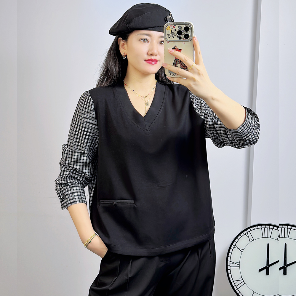 特！5571秋加大码卫衣女 200斤胖妹m空气棉V领假两件长袖打底衫