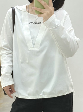 宜语析6651秋加大码长袖卫衣女 210斤胖妹mm纯棉连帽宽松藏肉T恤