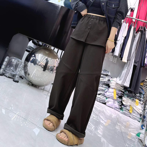 宜语析6665秋加大码休闲弯刀裤女 200斤胖妹mm松紧带腰假两件长裤