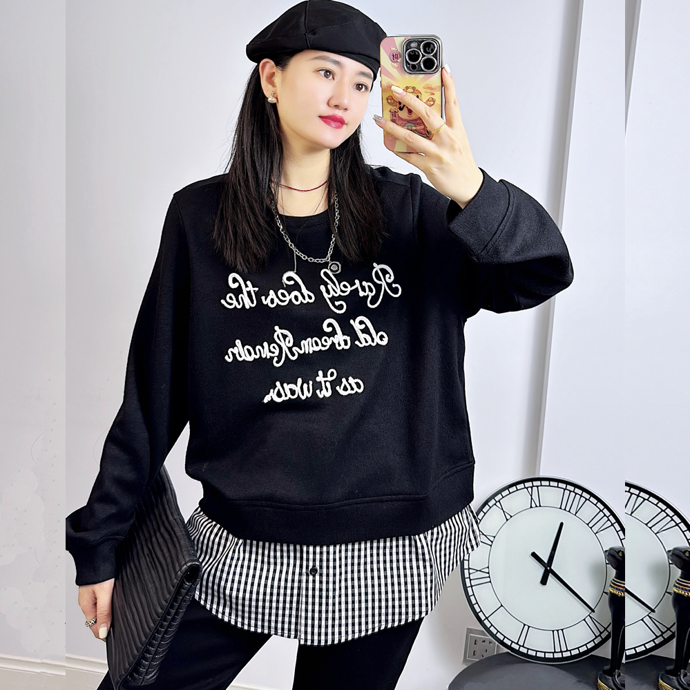 UP3220冬加大码磨毛卫衣女 210斤胖妹mm羊绒长袖假两件显瘦打底衫