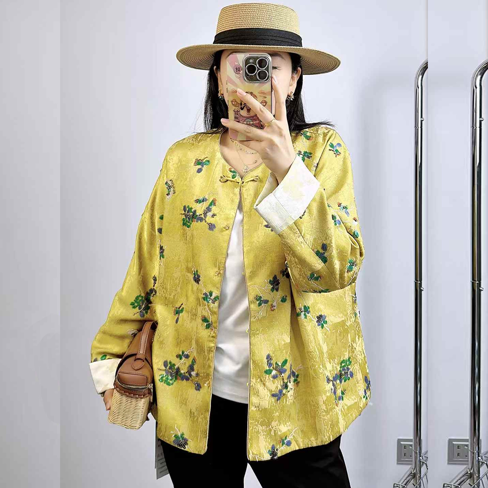 香港芸卉25728秋加大码国风外套女 210斤胖妹m新中式锻面长袖开衫