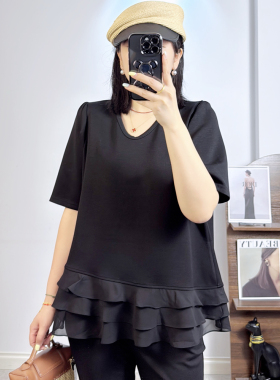 香港芸卉26609夏加大码T恤女 190斤胖妹mm空气棉显瘦V领短袖大衫