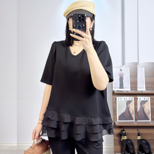 大衫 190斤胖妹mm空气棉显瘦V领短袖 T恤女 香港芸卉26609夏加大码