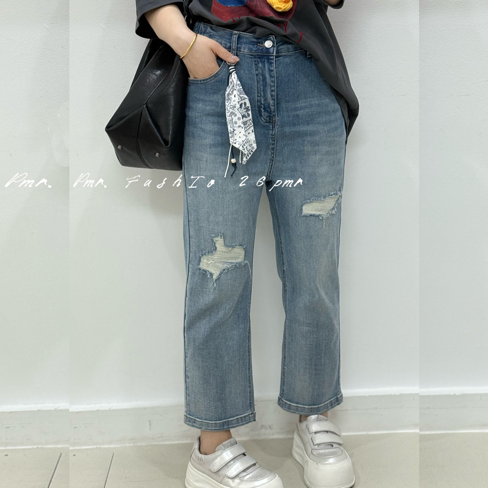 宜语析6086夏加大码牛仔裤女 190斤胖妹mm破洞弹力显瘦八分直筒裤