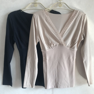 伊维斯正品轻型塑身束身美体蕾丝边V领无痕长袖保暖上衣10210462