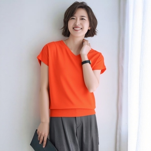 巨好看设计感上衣纯棉短袖气质v领橘红色短薄款针织衫女小个子夏