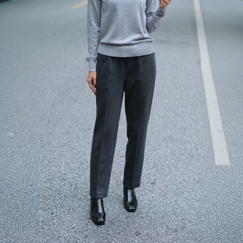 th灰色加厚保暖毛呢长裤高腰显瘦松紧腰直筒羊毛裤通勤百搭女秋冬